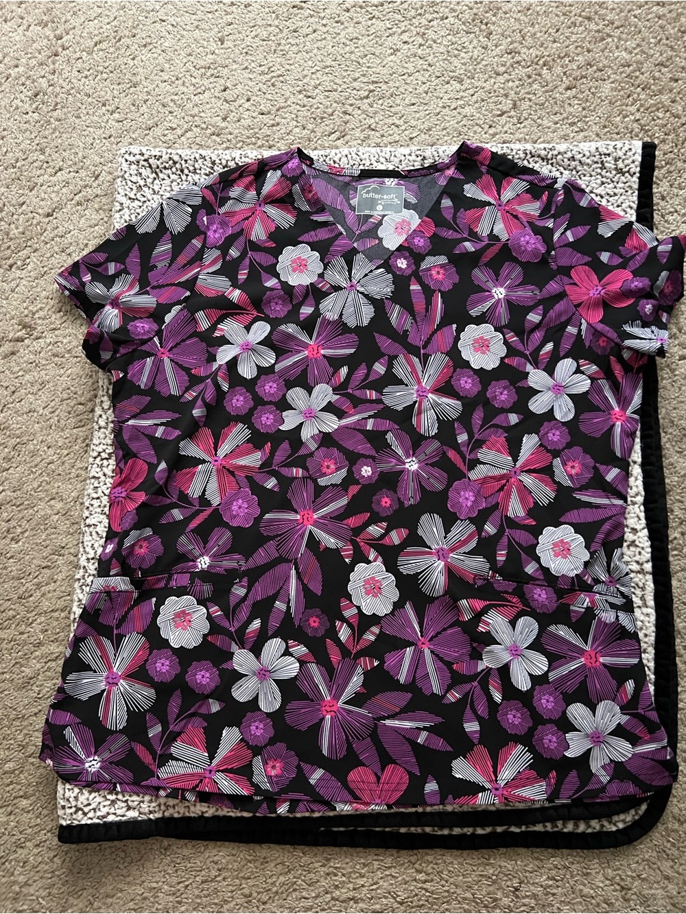 Butter Floral V-Neck Scrub Top in Black, Pink & Purple